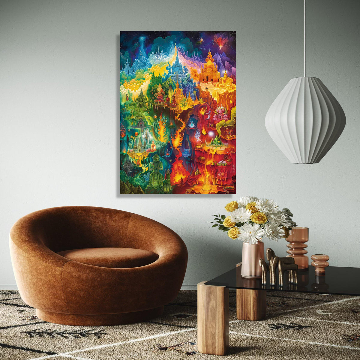 Mystical Buddhist Temple Canvas Wall Art, Vibrant Spiritual Landscape Painting, Meditation and Enlightenment Gift Art, Home Decor, Print