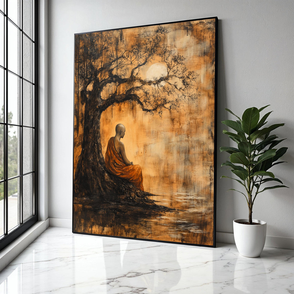 Meditative Monk Under Ancient Tree Canvas, Spiritual Wall Art, Zen Inspired Home Decor, Tranquil Nature Scene Gift Art, Home Decor, Print