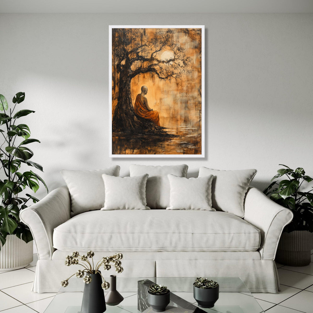 Meditative Monk Under Ancient Tree Canvas, Spiritual Wall Art, Zen Inspired Home Decor, Tranquil Nature Scene Gift Art, Home Decor, Print