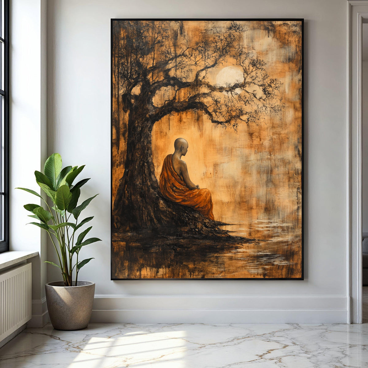 Meditative Monk Under Ancient Tree Canvas, Spiritual Wall Art, Zen Inspired Home Decor, Tranquil Nature Scene Gift Art, Home Decor, Print