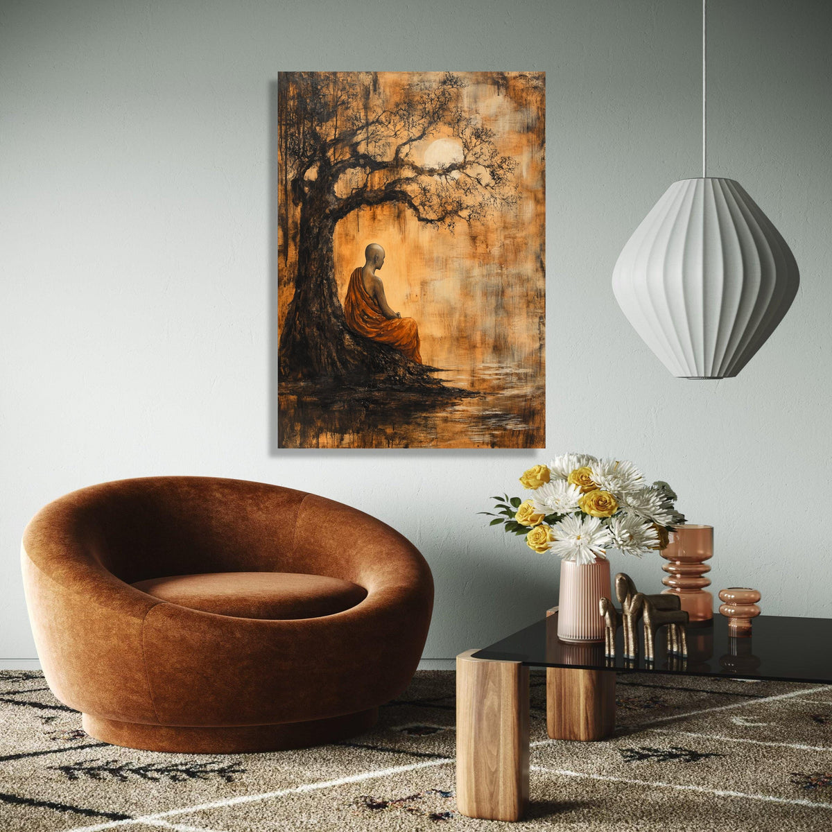 Meditative Monk Under Ancient Tree Canvas, Spiritual Wall Art, Zen Inspired Home Decor, Tranquil Nature Scene Gift Art, Home Decor, Print