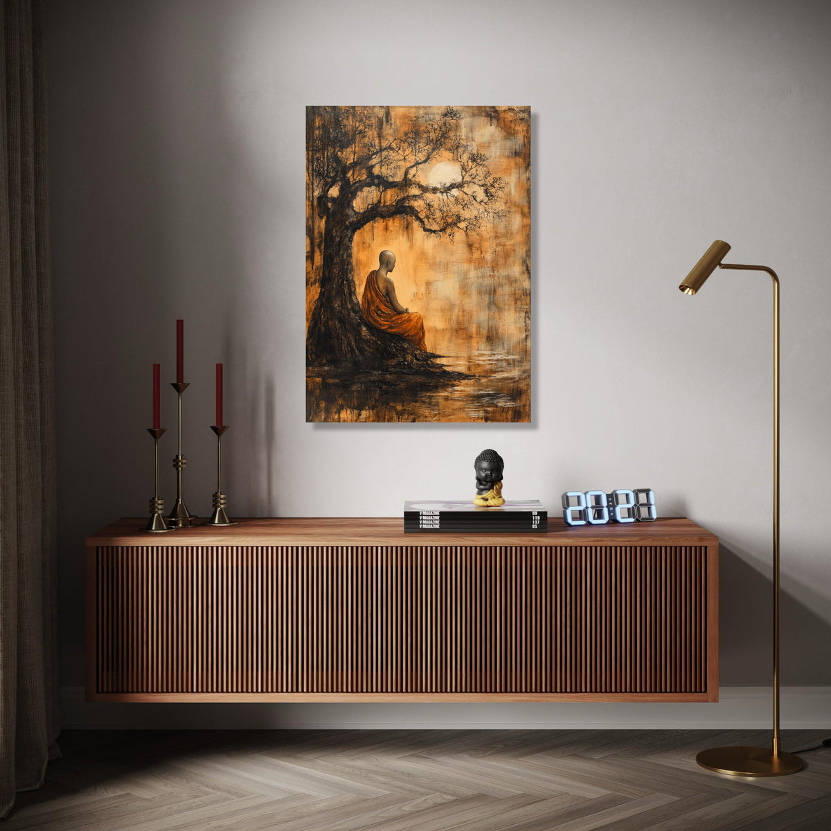 Meditative Monk Under Ancient Tree Canvas, Spiritual Wall Art, Zen Inspired Home Decor, Tranquil Nature Scene Gift Art, Home Decor, Print