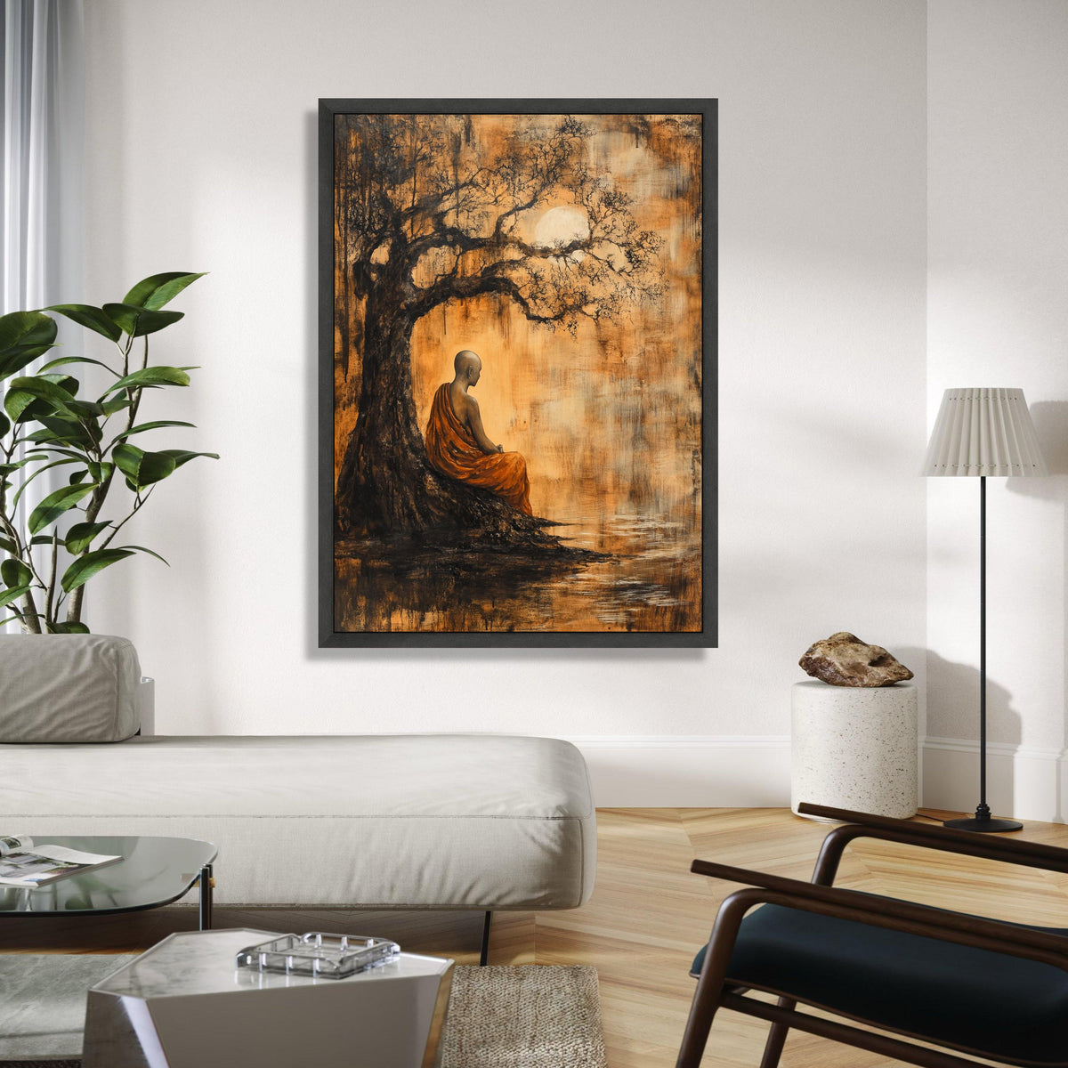 Meditative Monk Under Ancient Tree Canvas, Spiritual Wall Art, Zen Inspired Home Decor, Tranquil Nature Scene Gift Art, Home Decor, Print