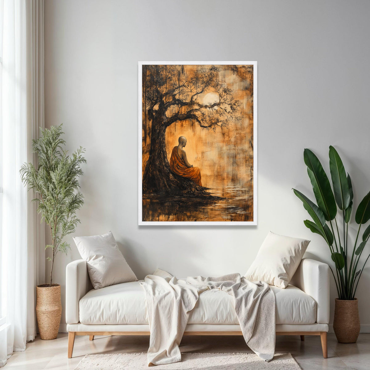 Meditative Monk Under Ancient Tree Canvas, Spiritual Wall Art, Zen Inspired Home Decor, Tranquil Nature Scene Gift Art, Home Decor, Print