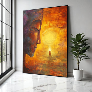 Meditative Buddha Face Canvas, Spiritual Wall Art, Zen Home Décor, Enlightenment Inspired Painting, Warm Orange Gift Art, Home Decor, Print