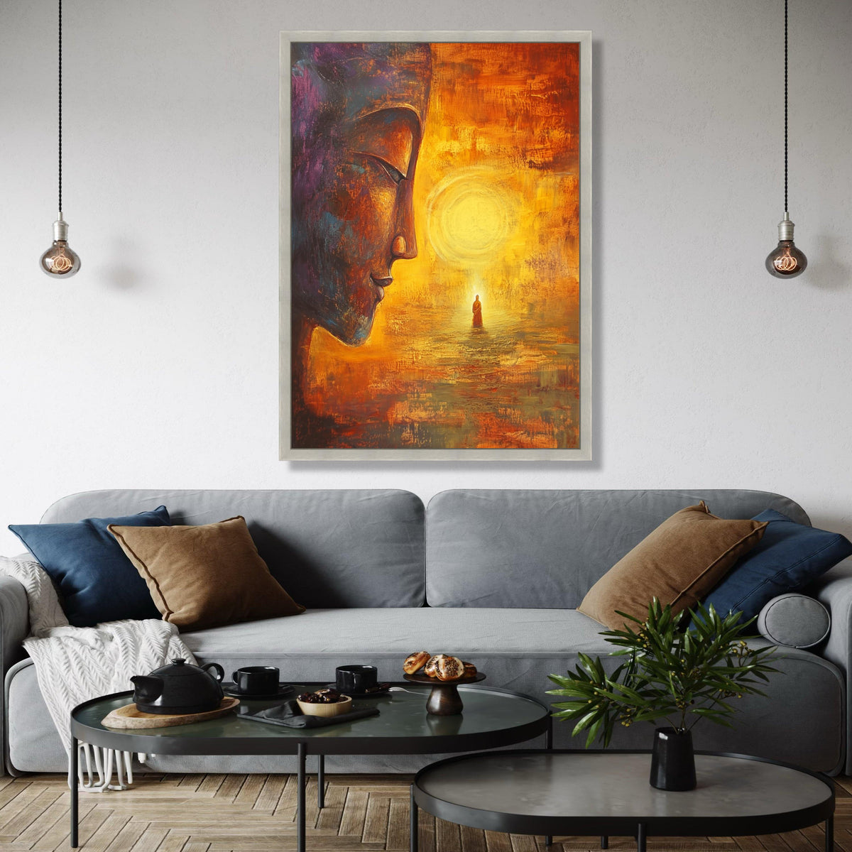 Meditative Buddha Face Canvas, Spiritual Wall Art, Zen Home Décor, Enlightenment Inspired Painting, Warm Orange Gift Art, Home Decor, Print