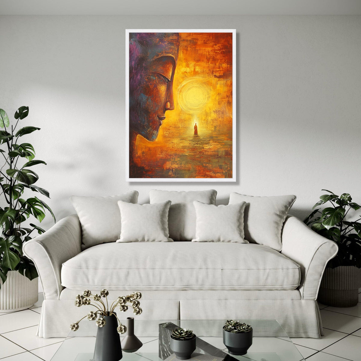 Meditative Buddha Face Canvas, Spiritual Wall Art, Zen Home Décor, Enlightenment Inspired Painting, Warm Orange Gift Art, Home Decor, Print