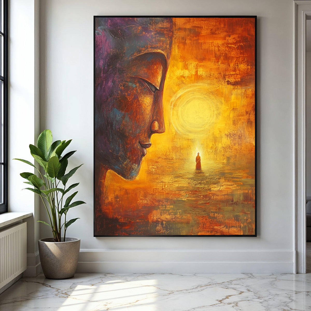 Meditative Buddha Face Canvas, Spiritual Wall Art, Zen Home Décor, Enlightenment Inspired Painting, Warm Orange Gift Art, Home Decor, Print
