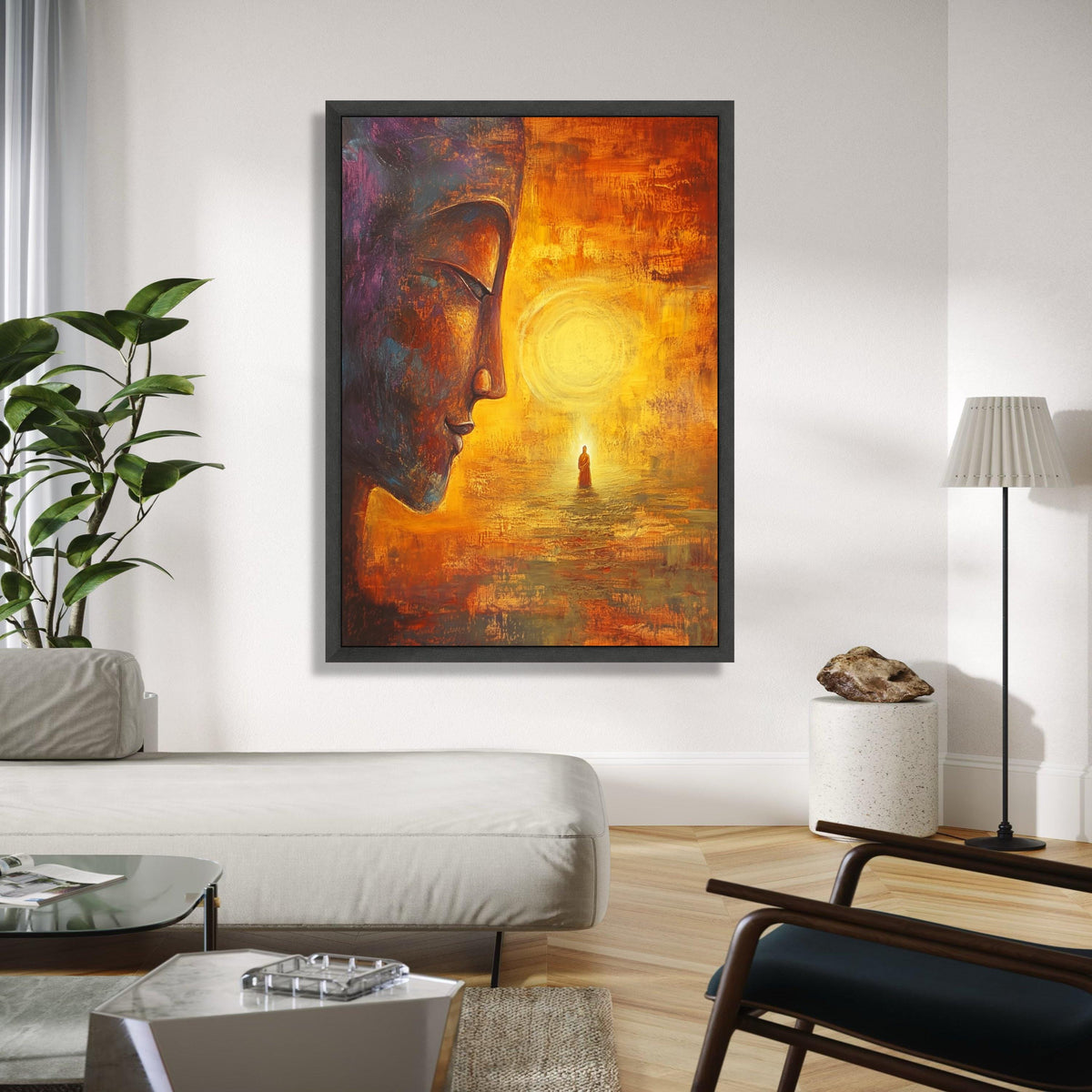 Meditative Buddha Face Canvas, Spiritual Wall Art, Zen Home Décor, Enlightenment Inspired Painting, Warm Orange Gift Art, Home Decor, Print