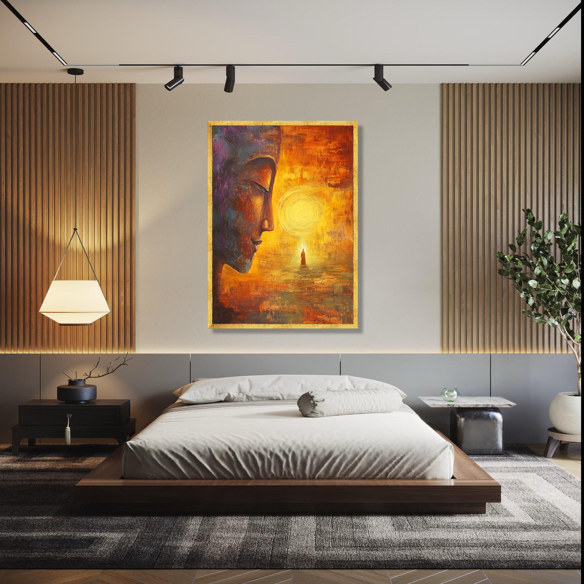 Meditative Buddha Face Canvas, Spiritual Wall Art, Zen Home Décor, Enlightenment Inspired Painting, Warm Orange Gift Art, Home Decor, Print