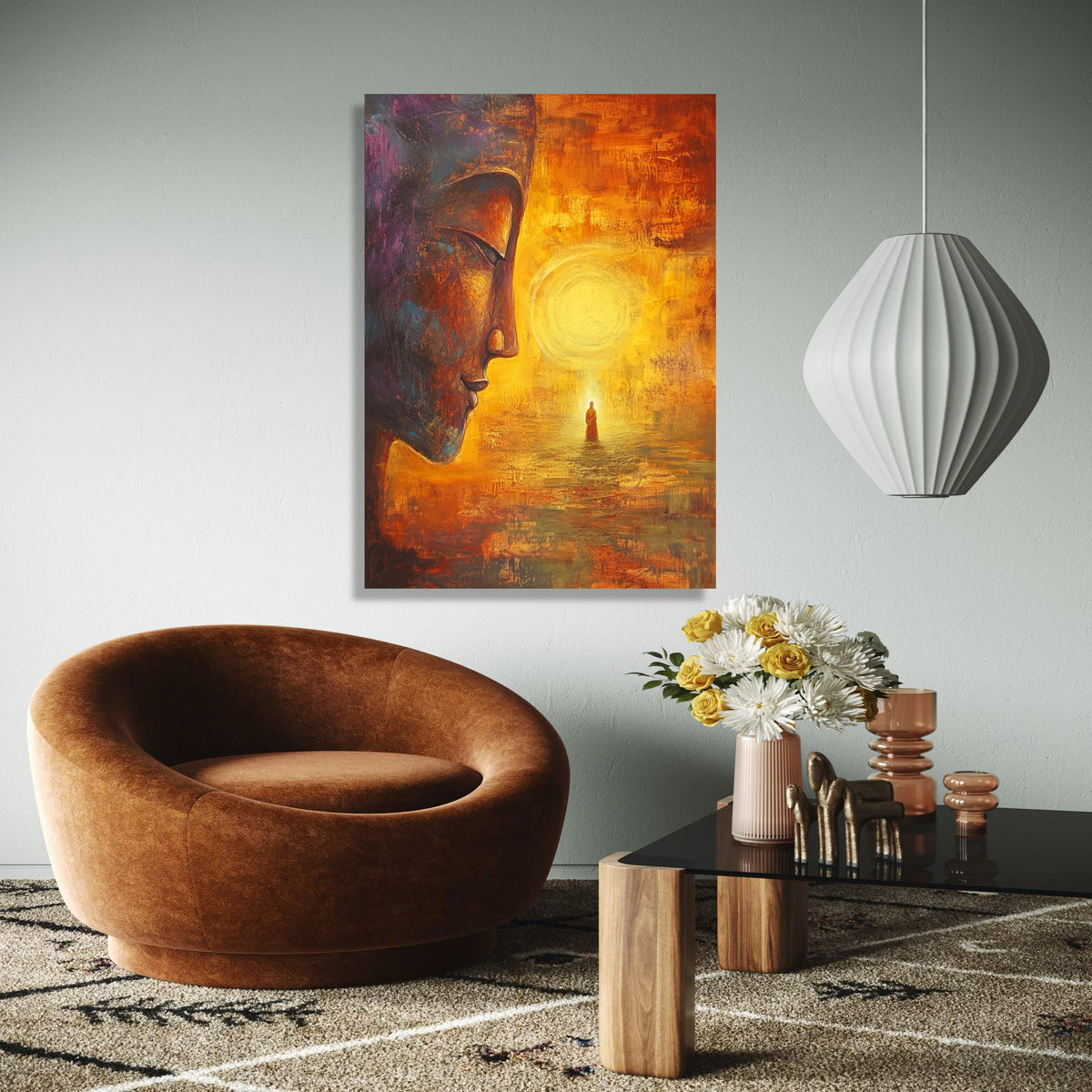 Meditative Buddha Face Canvas, Spiritual Wall Art, Zen Home Décor, Enlightenment Inspired Painting, Warm Orange Gift Art, Home Decor, Print