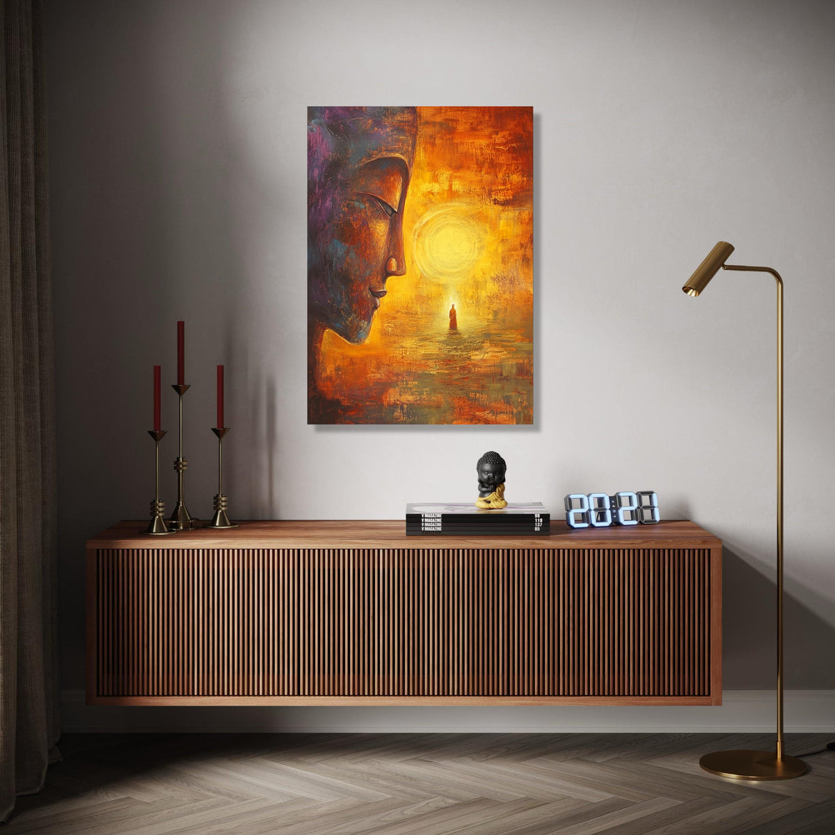 Meditative Buddha Face Canvas, Spiritual Wall Art, Zen Home Décor, Enlightenment Inspired Painting, Warm Orange Gift Art, Home Decor, Print