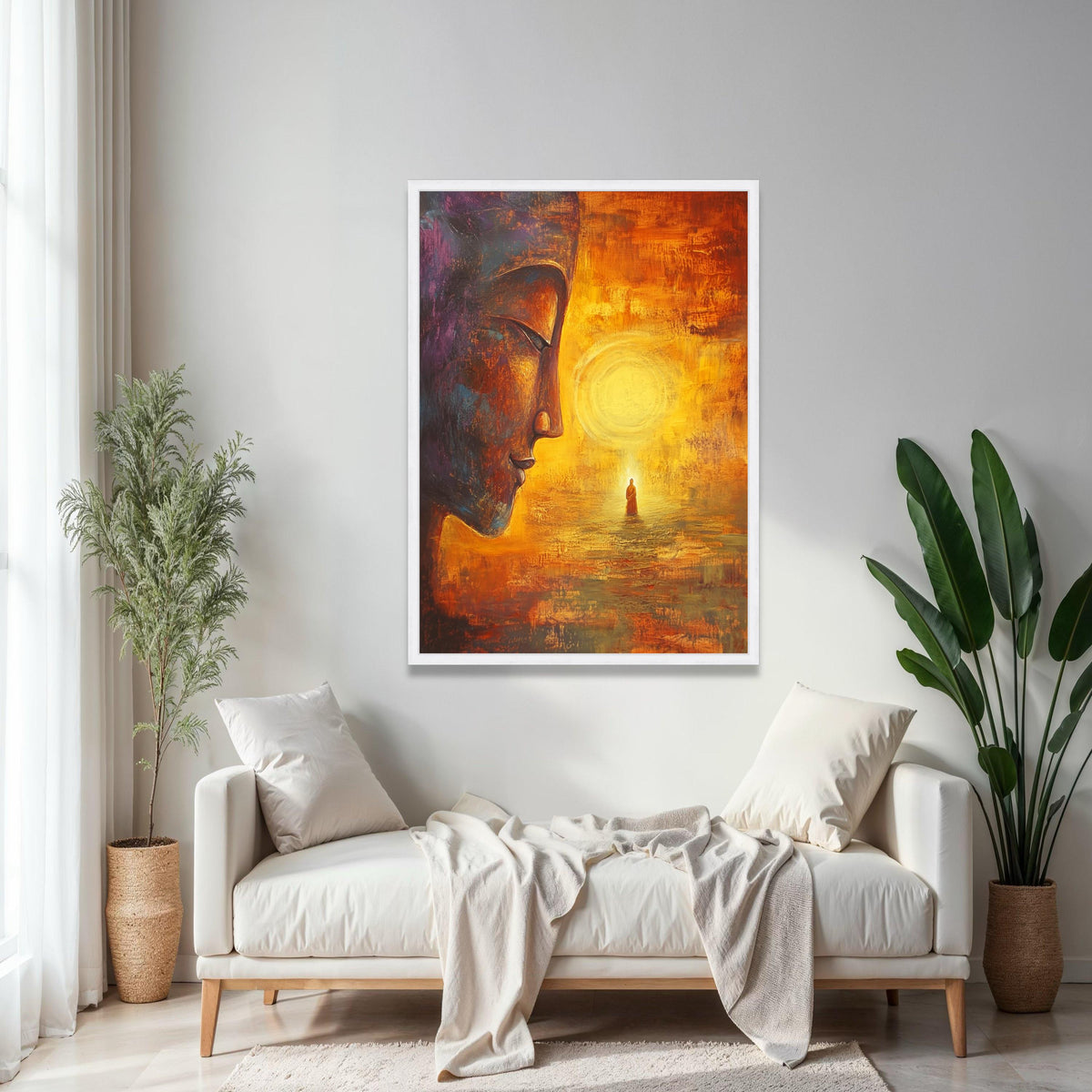 Meditative Buddha Face Canvas, Spiritual Wall Art, Zen Home Décor, Enlightenment Inspired Painting, Warm Orange Gift Art, Home Decor, Print
