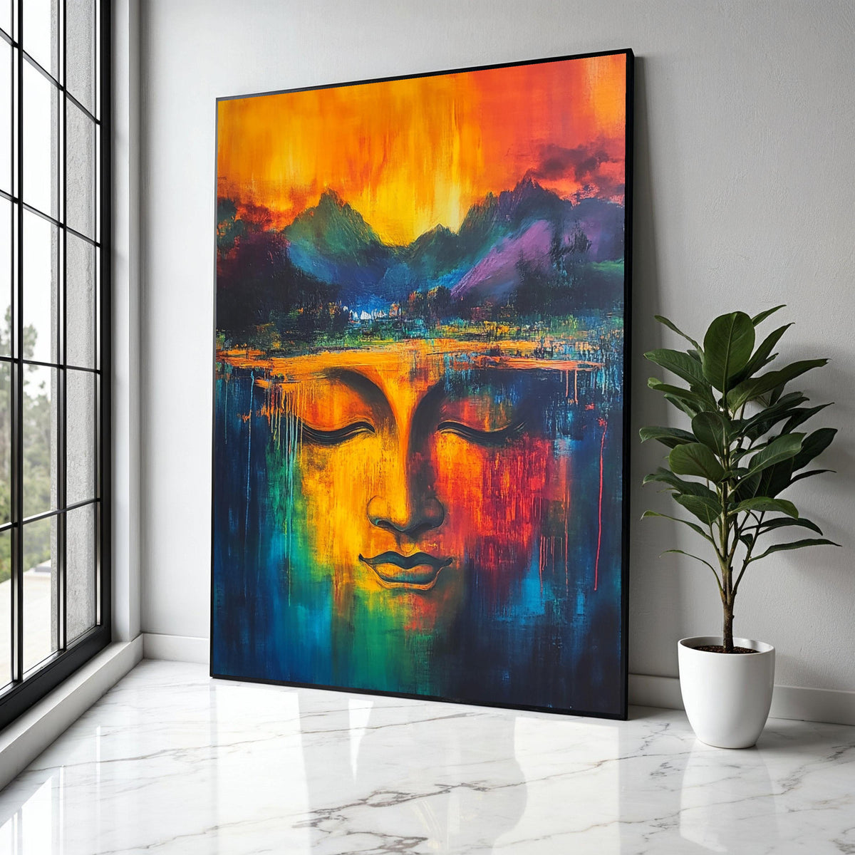 Vibrant Buddha Face Canvas, Abstract Spiritual Wall Art, Colorful Meditation Decor, Tranquil Expression Gift Art, Home Decor, Print