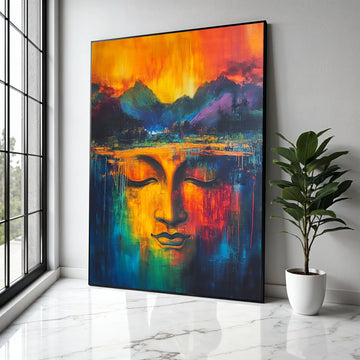 Vibrant Buddha Face Canvas, Abstract Spiritual Wall Art, Colorful Meditation Decor, Tranquil Expression Gift Art, Home Decor, Print