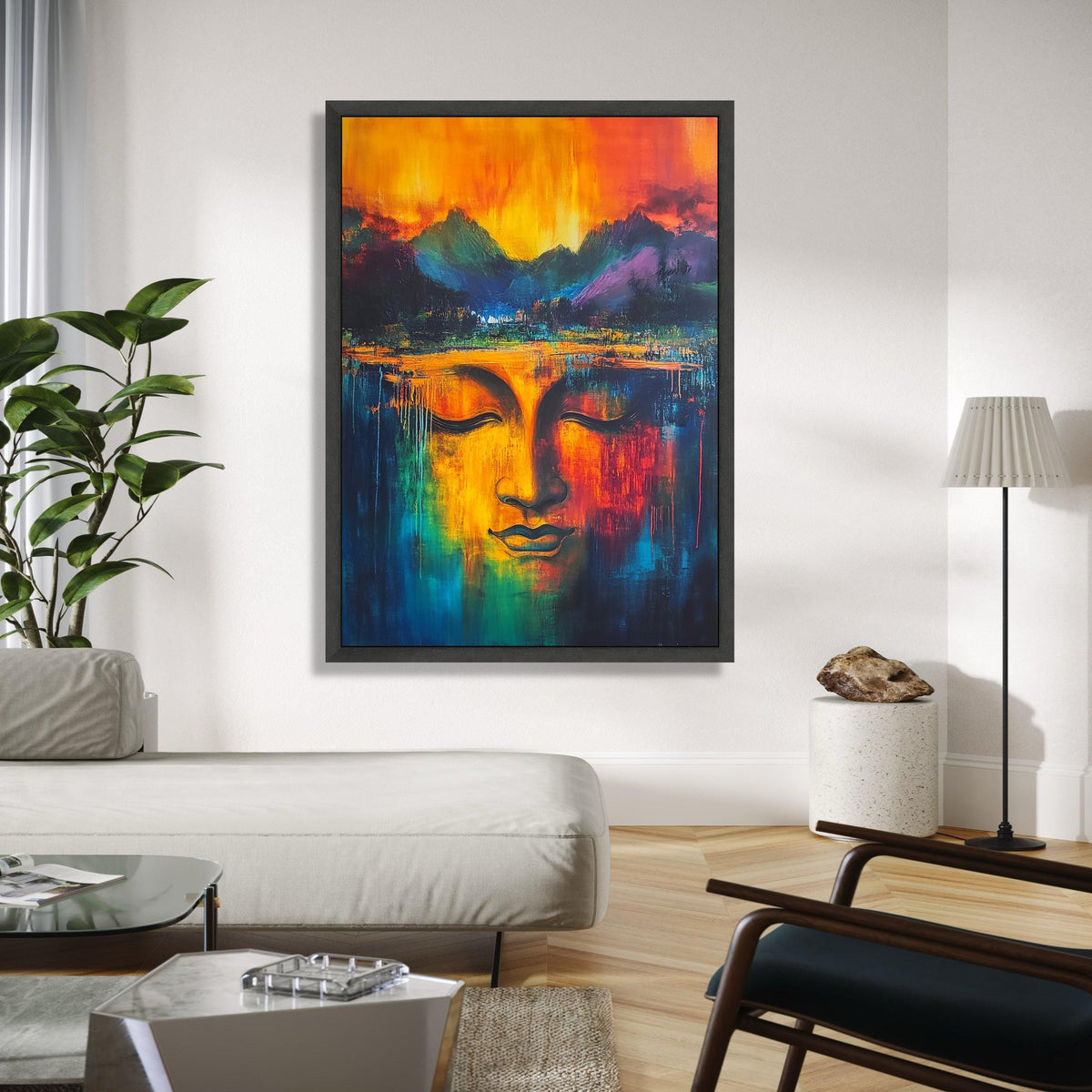 Vibrant Buddha Face Canvas, Abstract Spiritual Wall Art, Colorful Meditation Decor, Tranquil Expression Gift Art, Home Decor, Print