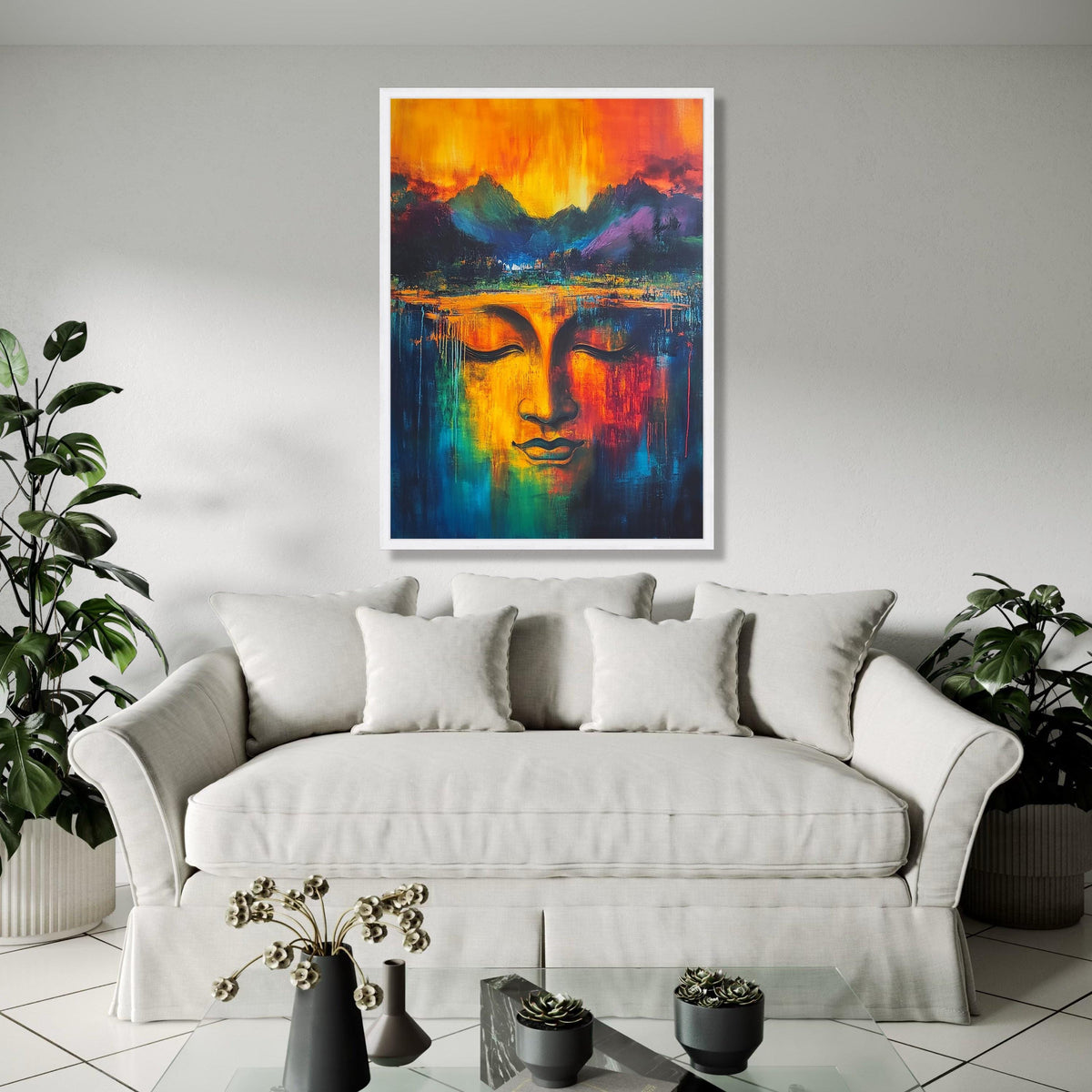 Vibrant Buddha Face Canvas, Abstract Spiritual Wall Art, Colorful Meditation Decor, Tranquil Expression Gift Art, Home Decor, Print