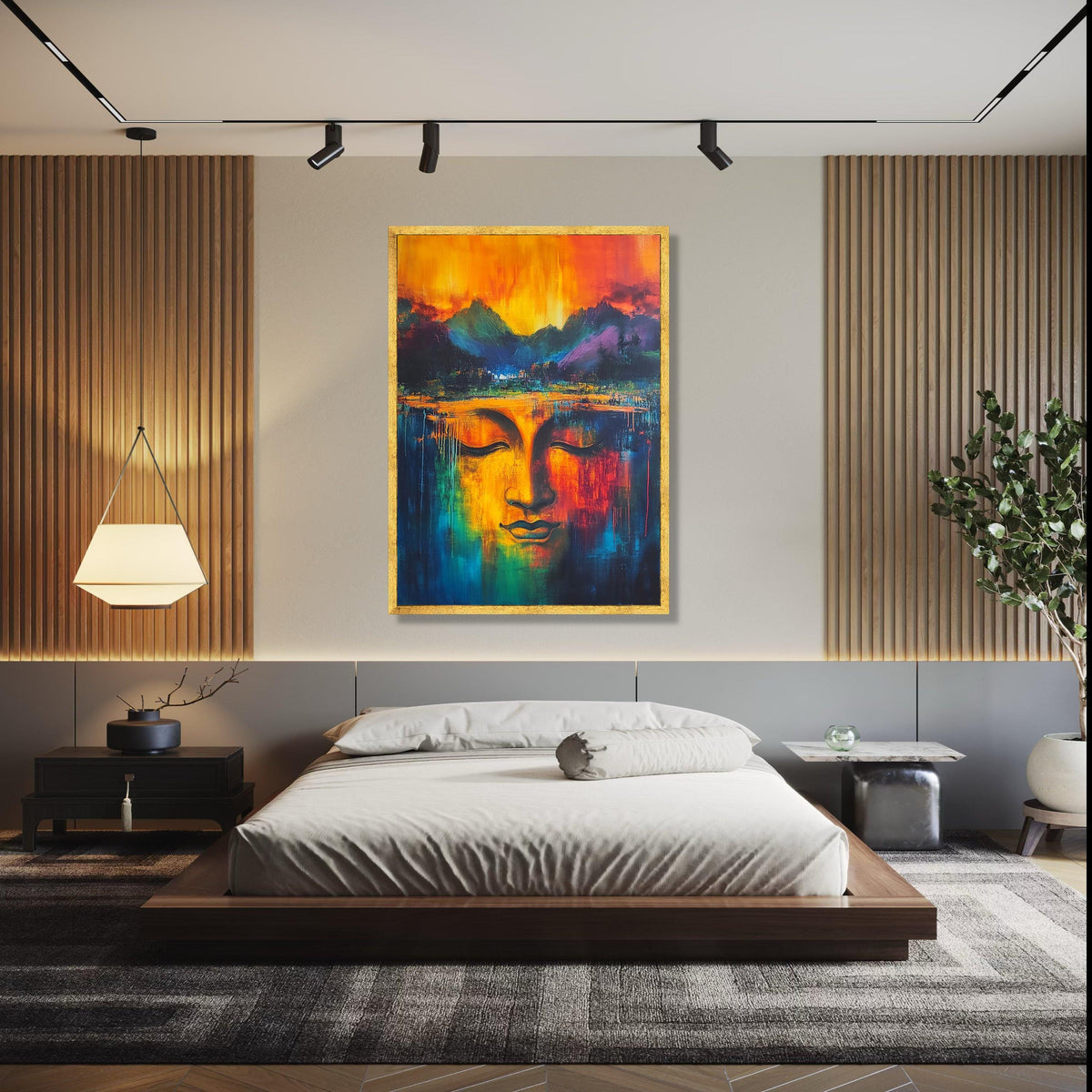 Vibrant Buddha Face Canvas, Abstract Spiritual Wall Art, Colorful Meditation Decor, Tranquil Expression Gift Art, Home Decor, Print