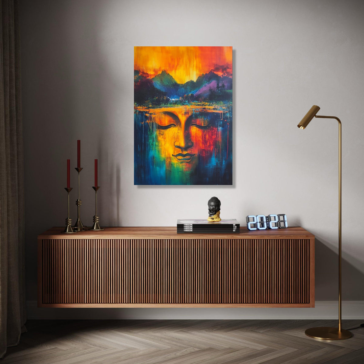 Vibrant Buddha Face Canvas, Abstract Spiritual Wall Art, Colorful Meditation Decor, Tranquil Expression Gift Art, Home Decor, Print