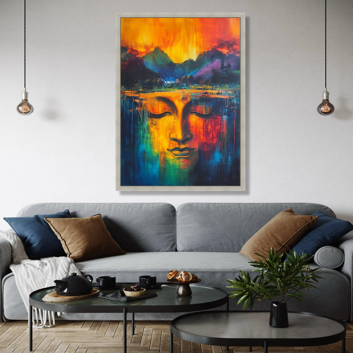 Vibrant Buddha Face Canvas, Abstract Spiritual Wall Art, Colorful Meditation Decor, Tranquil Expression Gift Art, Home Decor, Print