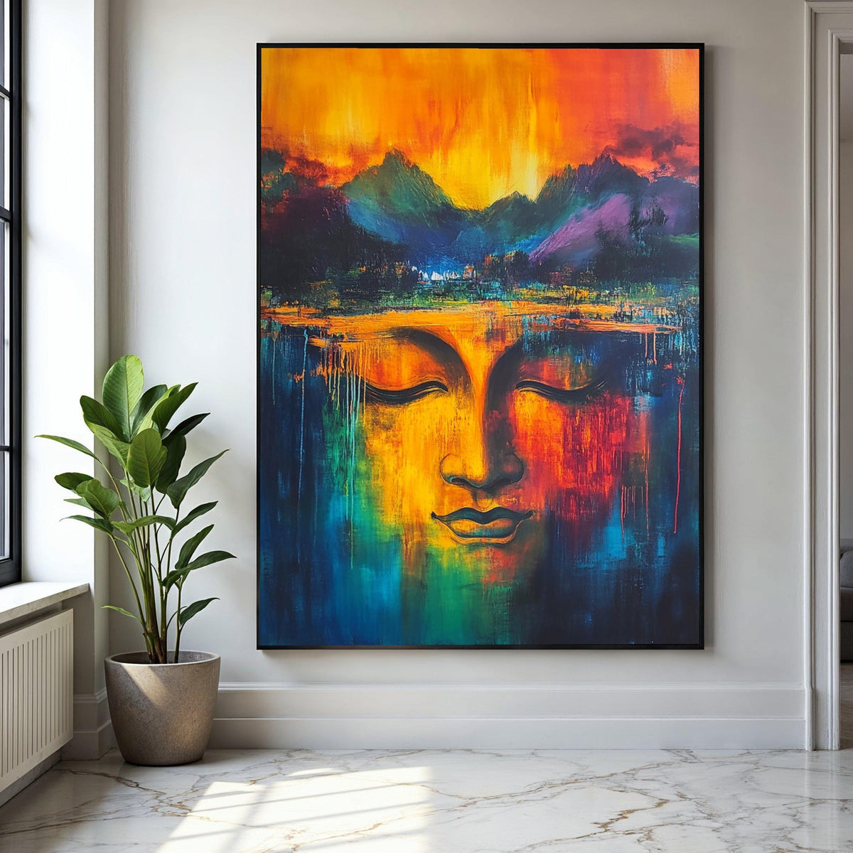 Vibrant Buddha Face Canvas, Abstract Spiritual Wall Art, Colorful Meditation Decor, Tranquil Expression Gift Art, Home Decor, Print