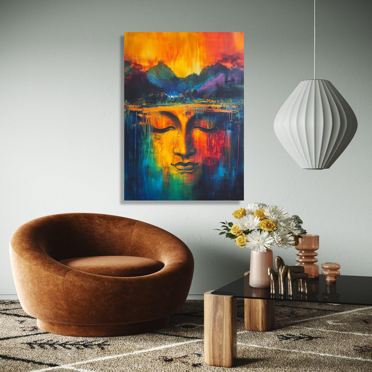 Vibrant Buddha Face Canvas, Abstract Spiritual Wall Art, Colorful Meditation Decor, Tranquil Expression Gift Art, Home Decor, Print