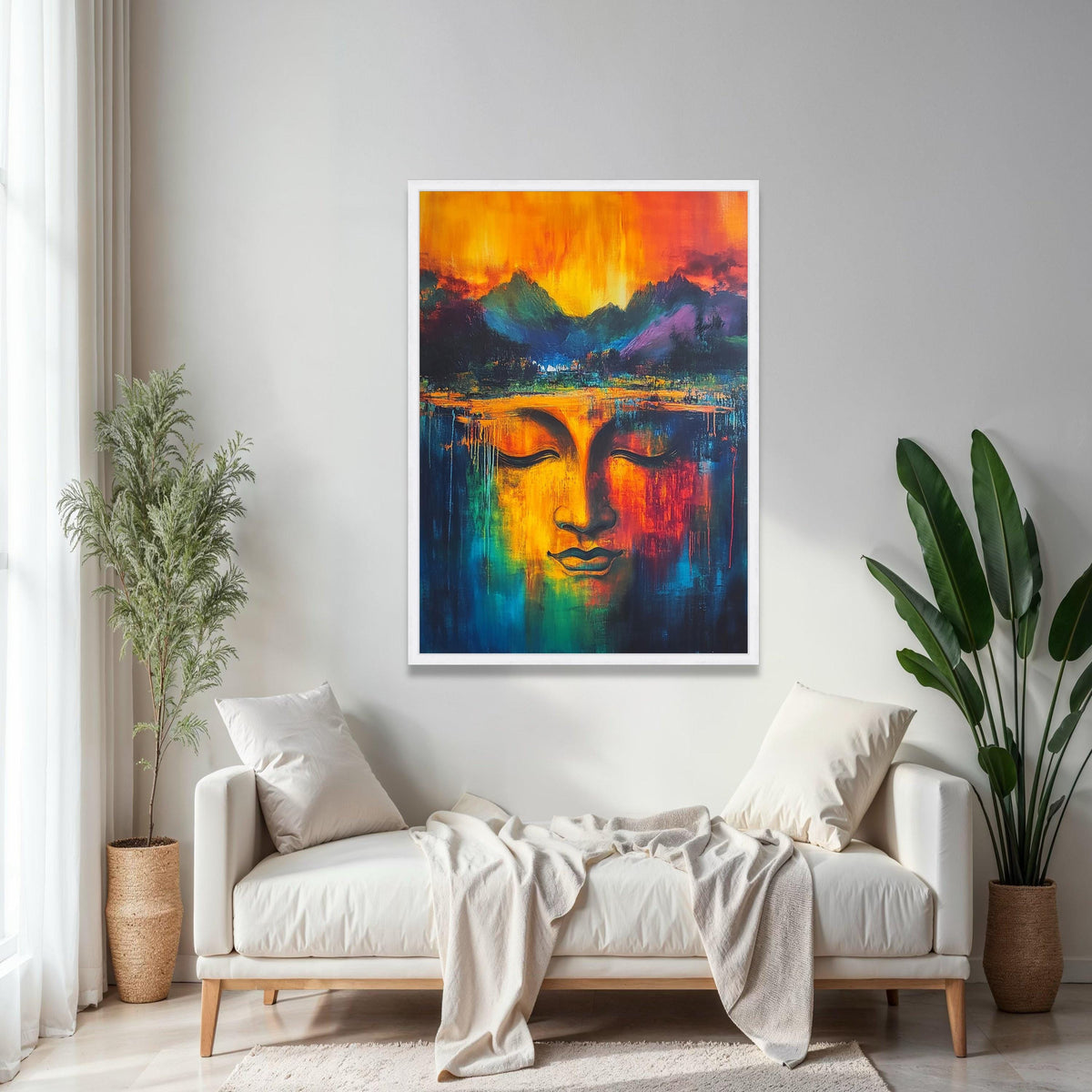 Vibrant Buddha Face Canvas, Abstract Spiritual Wall Art, Colorful Meditation Decor, Tranquil Expression Gift Art, Home Decor, Print