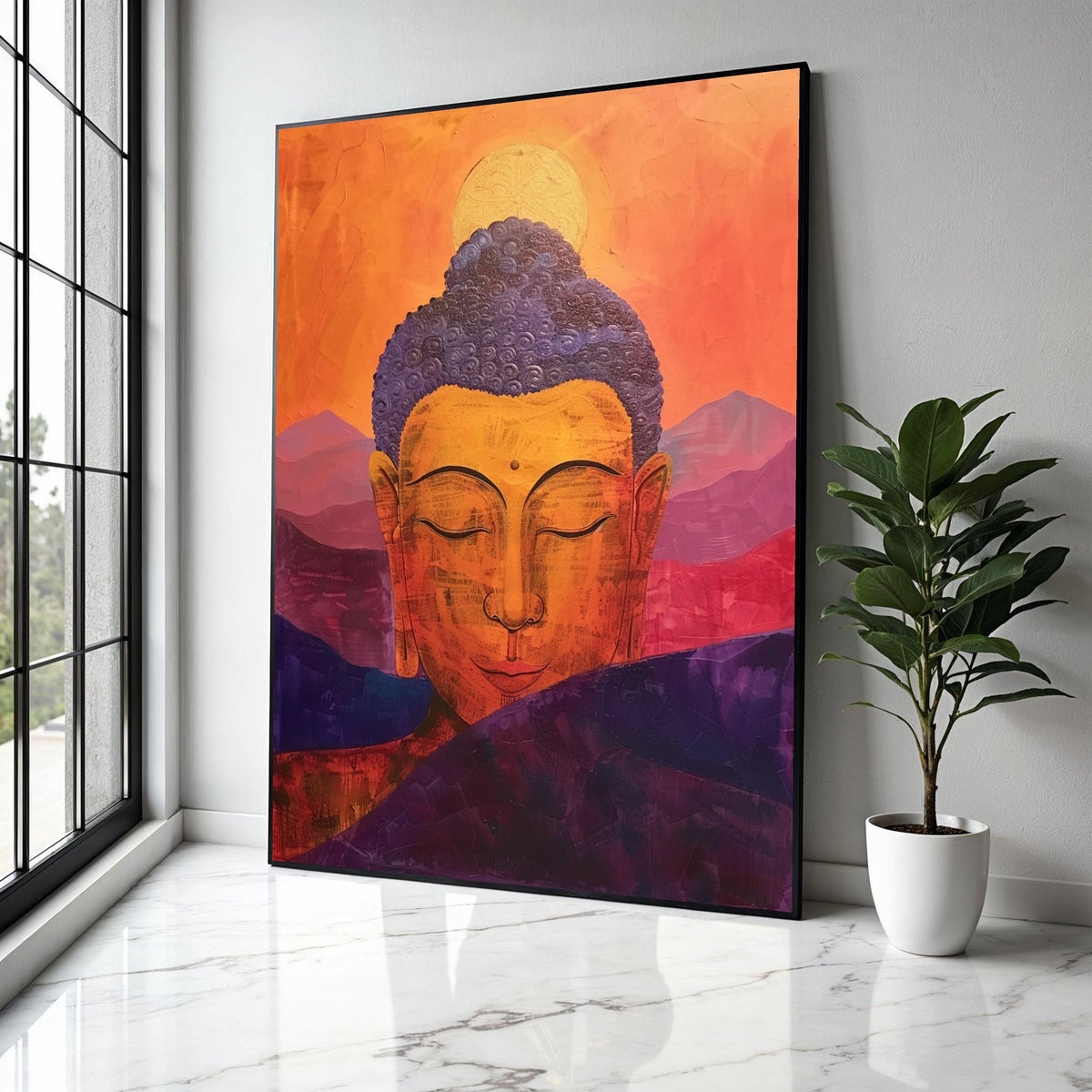 Serene Buddha Meditation Canvas, Orange Purple Spiritual Wall Art, Tranquil Zen Home Decor, Abstract Mountain Gift Art, Home Decor, Print