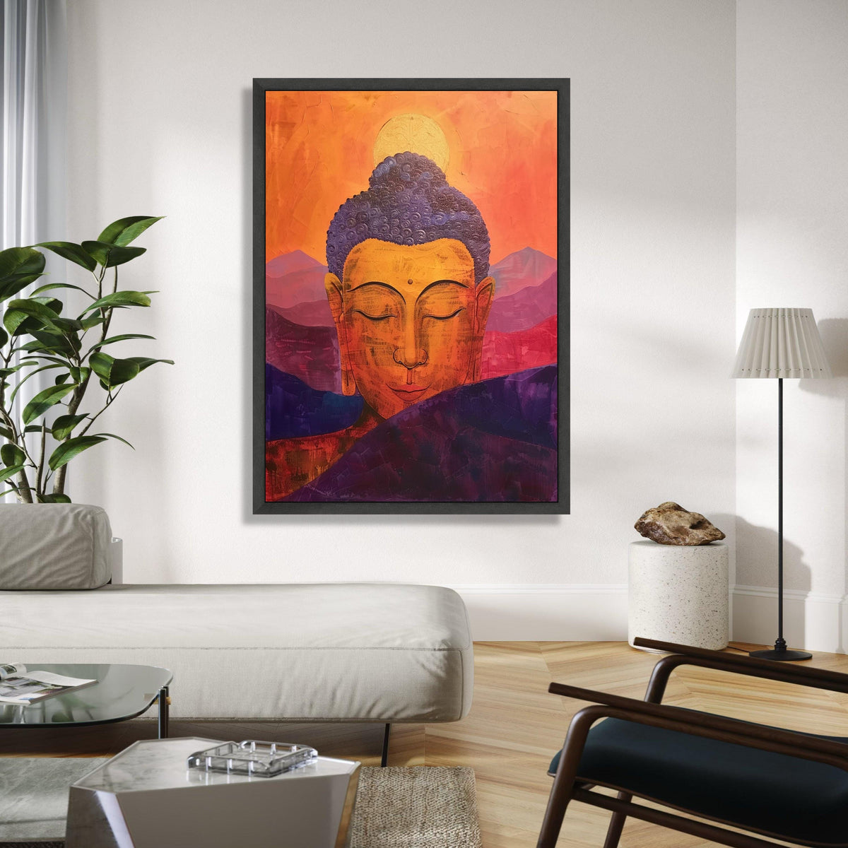 Serene Buddha Meditation Canvas, Orange Purple Spiritual Wall Art, Tranquil Zen Home Decor, Abstract Mountain Gift Art, Home Decor, Print