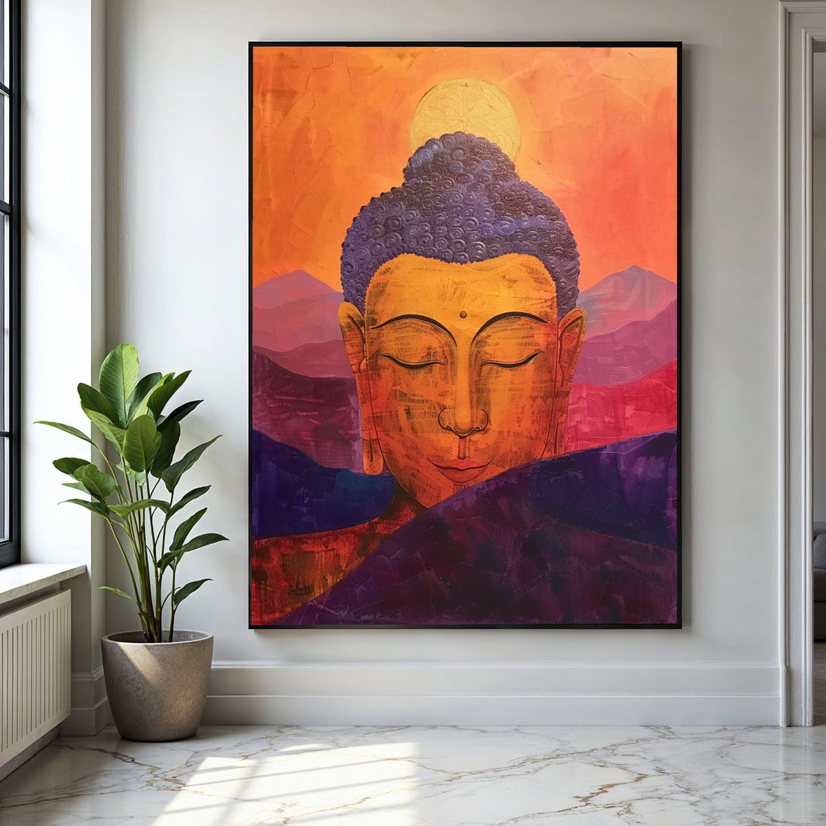 Serene Buddha Meditation Canvas, Orange Purple Spiritual Wall Art, Tranquil Zen Home Decor, Abstract Mountain Gift Art, Home Decor, Print
