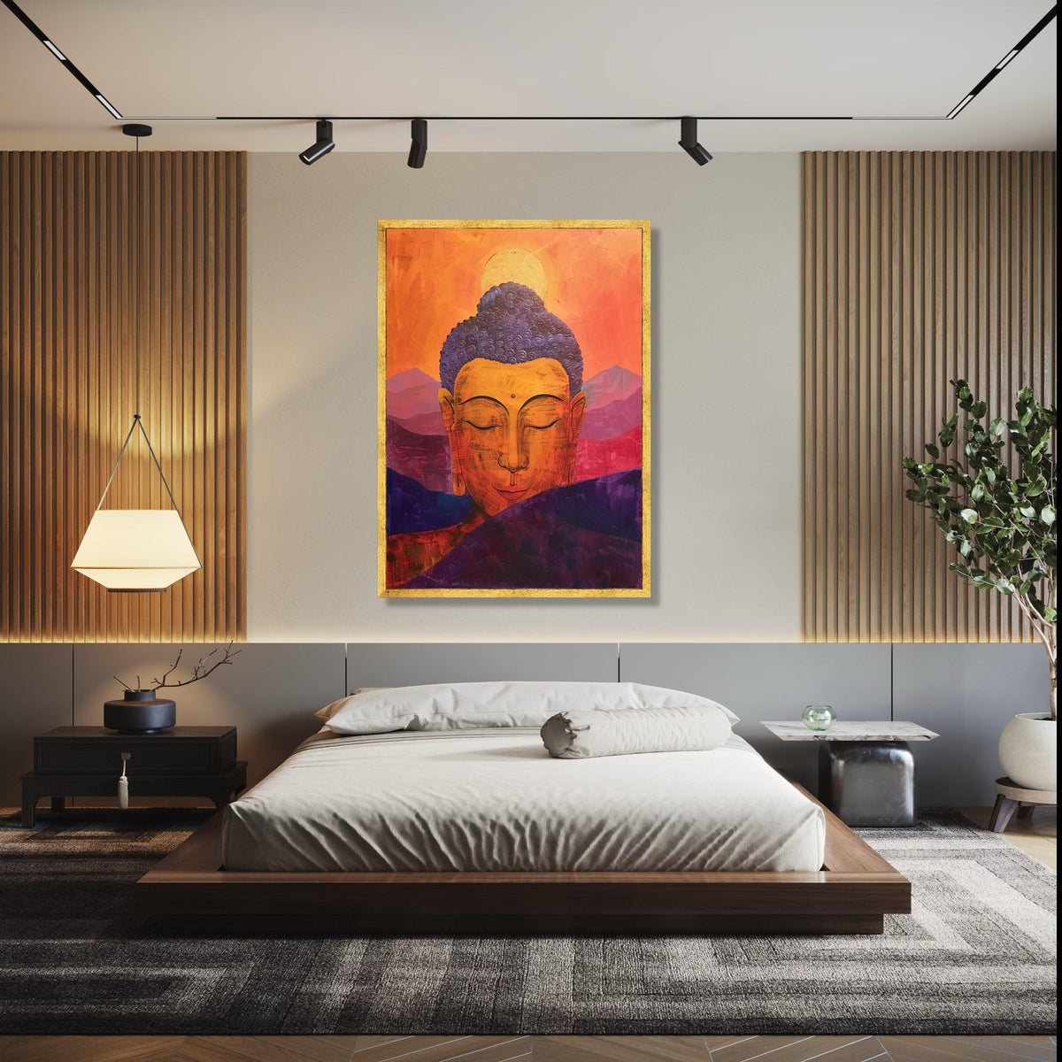 Serene Buddha Meditation Canvas, Orange Purple Spiritual Wall Art, Tranquil Zen Home Decor, Abstract Mountain Gift Art, Home Decor, Print