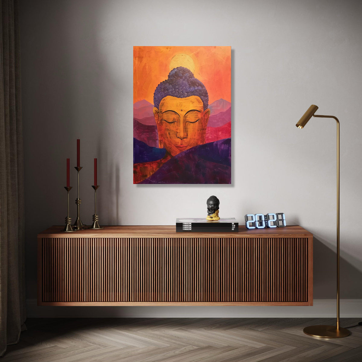 Serene Buddha Meditation Canvas, Orange Purple Spiritual Wall Art, Tranquil Zen Home Decor, Abstract Mountain Gift Art, Home Decor, Print