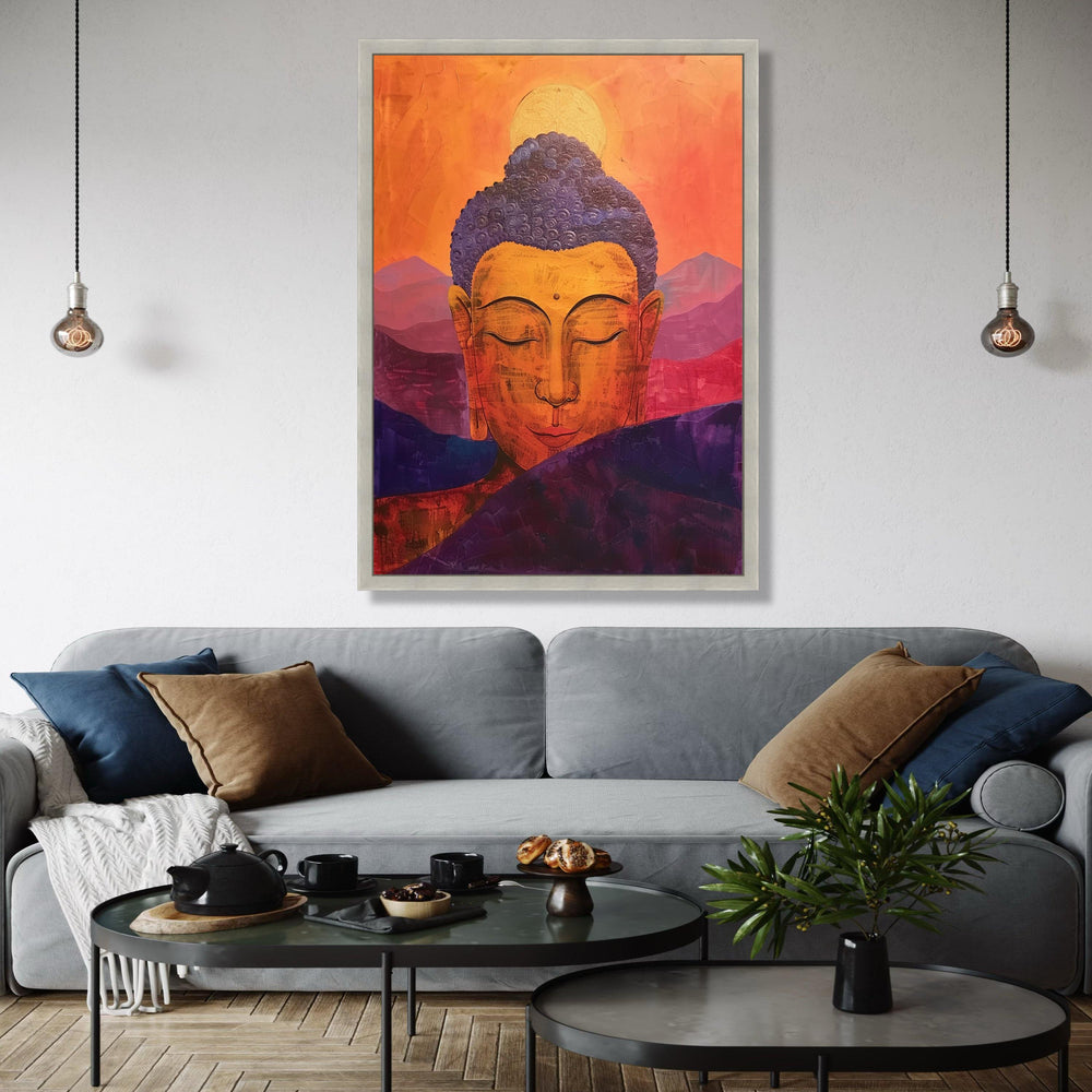 Serene Buddha Meditation Canvas, Orange Purple Spiritual Wall Art, Tranquil Zen Home Decor, Abstract Mountain Gift Art, Home Decor, Print