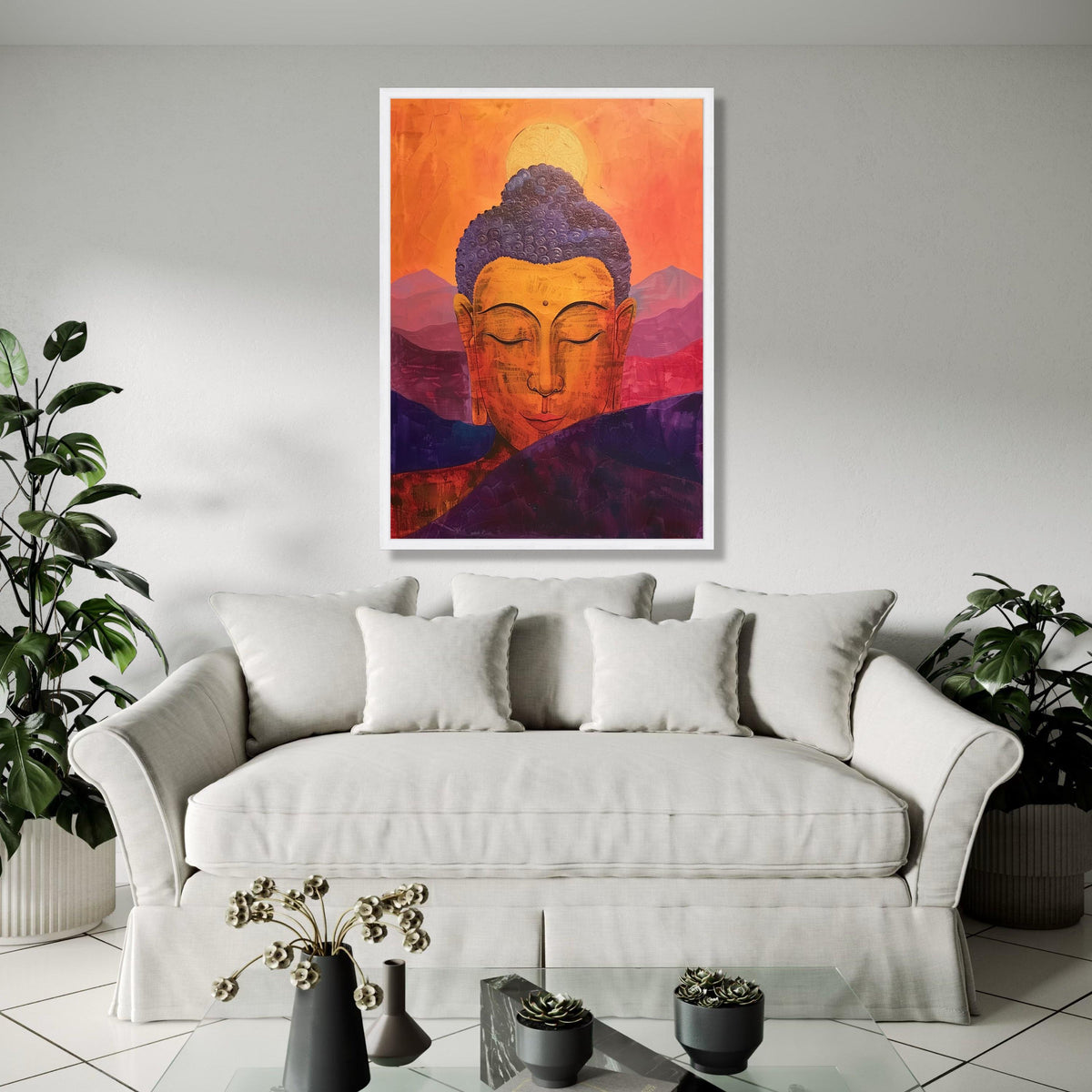 Serene Buddha Meditation Canvas, Orange Purple Spiritual Wall Art, Tranquil Zen Home Decor, Abstract Mountain Gift Art, Home Decor, Print