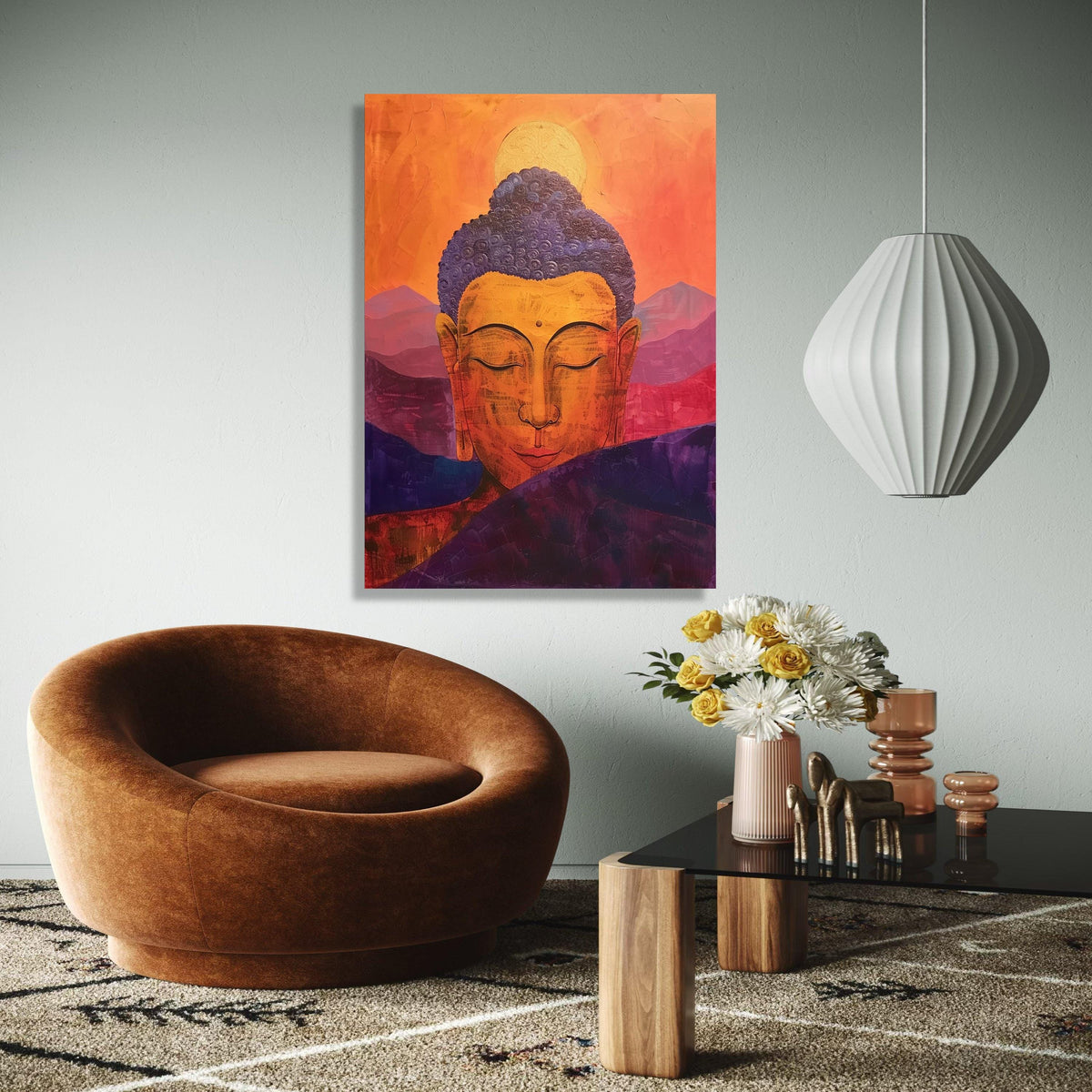 Serene Buddha Meditation Canvas, Orange Purple Spiritual Wall Art, Tranquil Zen Home Decor, Abstract Mountain Gift Art, Home Decor, Print