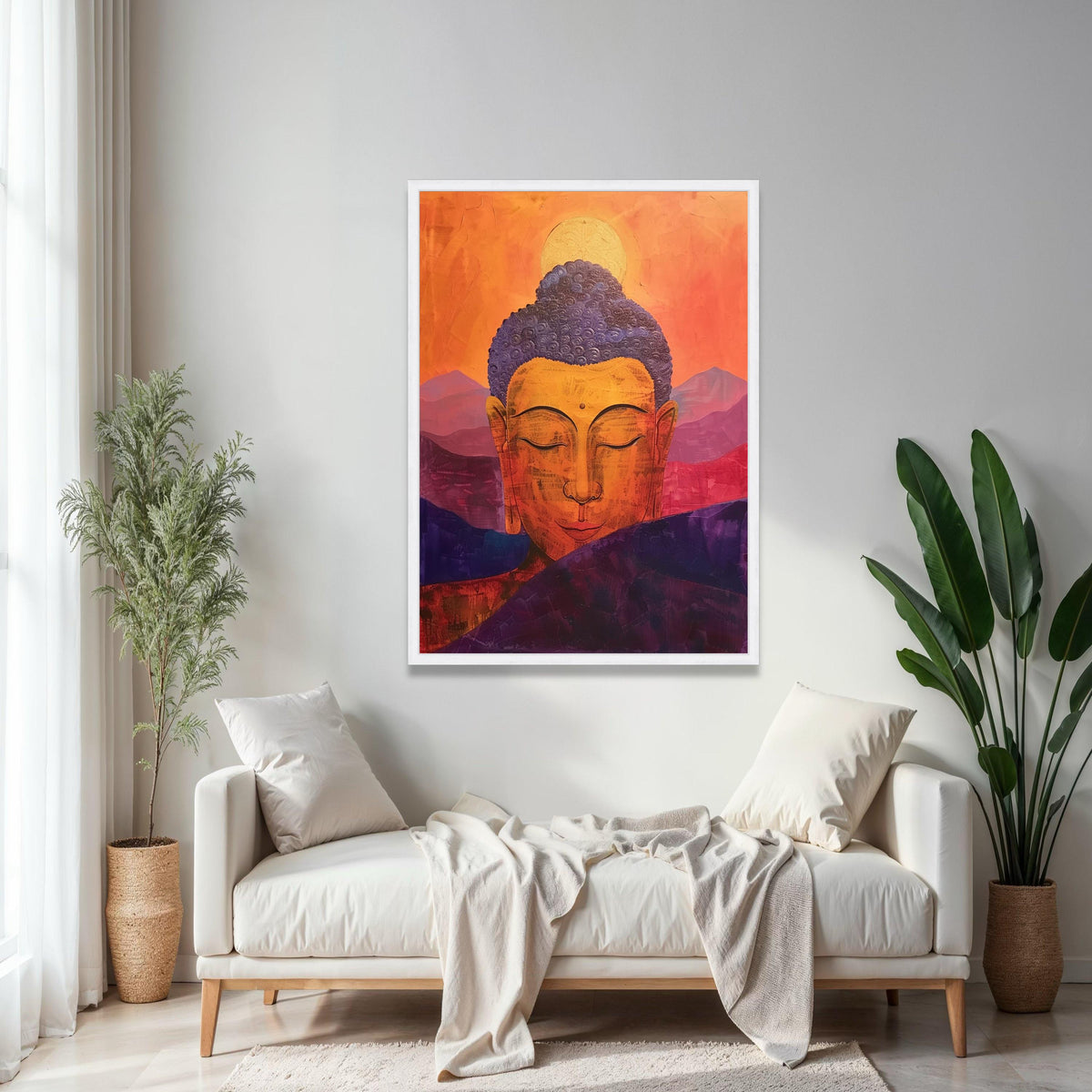 Serene Buddha Meditation Canvas, Orange Purple Spiritual Wall Art, Tranquil Zen Home Decor, Abstract Mountain Gift Art, Home Decor, Print