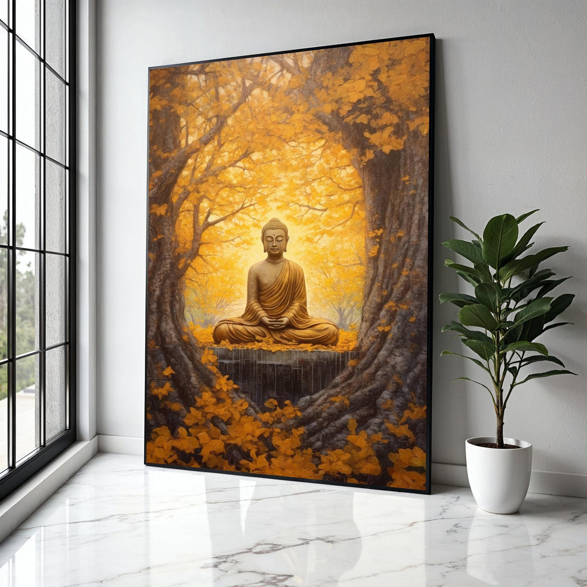 Golden Buddha Meditation Canvas, Autumn Forest Wall Art, Spiritual Zen Decor, Tranquil Nature Scene, Sacred Gift Art, Home Decor, Print