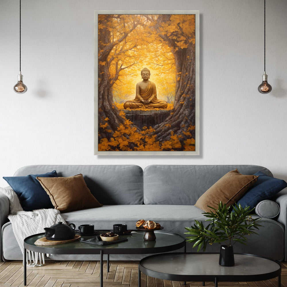 Golden Buddha Meditation Canvas, Autumn Forest Wall Art, Spiritual Zen Decor, Tranquil Nature Scene, Sacred Gift Art, Home Decor, Print