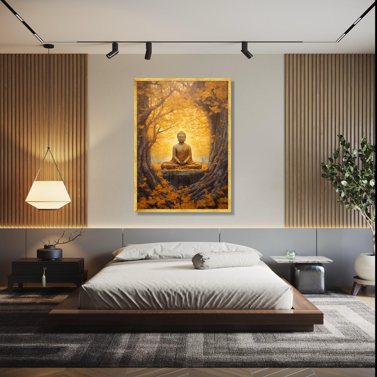 Golden Buddha Meditation Canvas, Autumn Forest Wall Art, Spiritual Zen Decor, Tranquil Nature Scene, Sacred Gift Art, Home Decor, Print