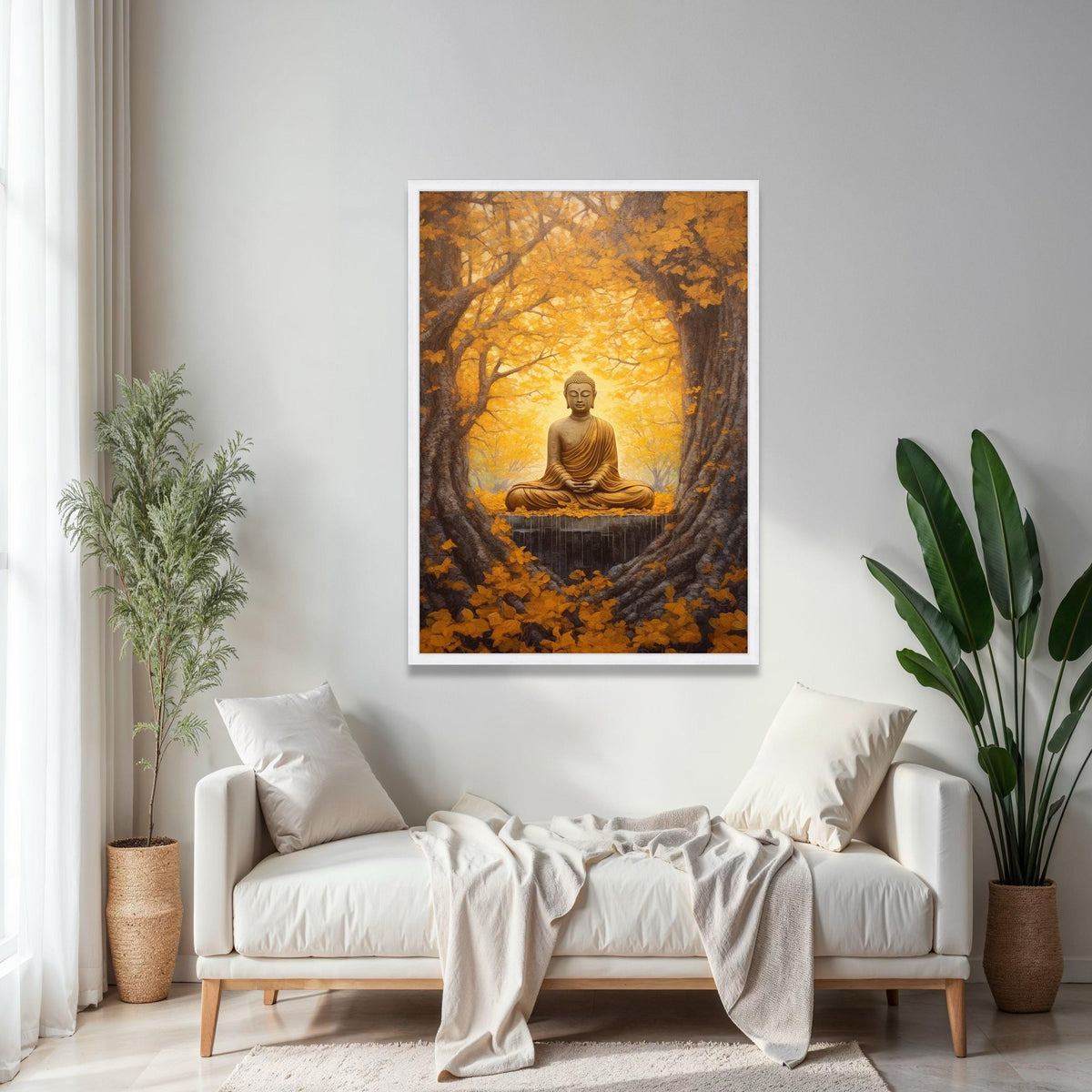 Golden Buddha Meditation Canvas, Autumn Forest Wall Art, Spiritual Zen Decor, Tranquil Nature Scene, Sacred Gift Art, Home Decor, Print