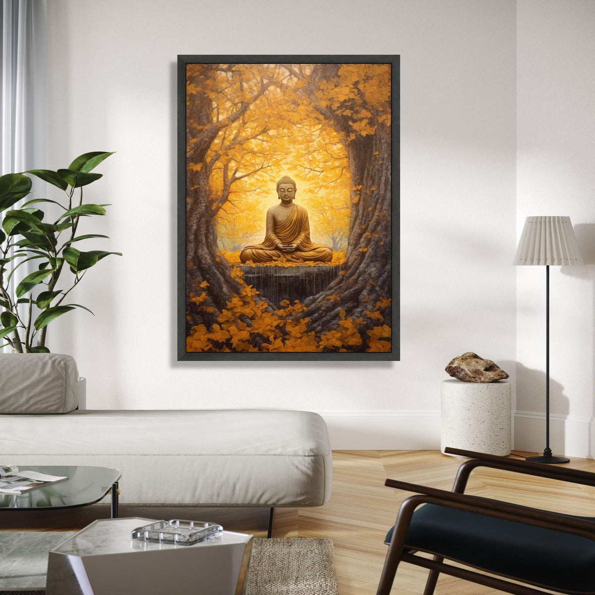 Golden Buddha Meditation Canvas, Autumn Forest Wall Art, Spiritual Zen Decor, Tranquil Nature Scene, Sacred Gift Art, Home Decor, Print