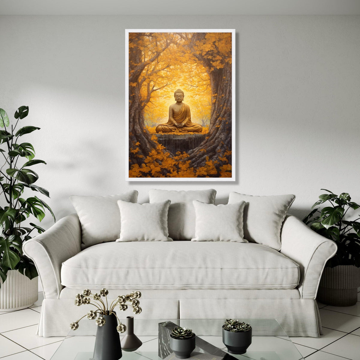 Golden Buddha Meditation Canvas, Autumn Forest Wall Art, Spiritual Zen Decor, Tranquil Nature Scene, Sacred Gift Art, Home Decor, Print