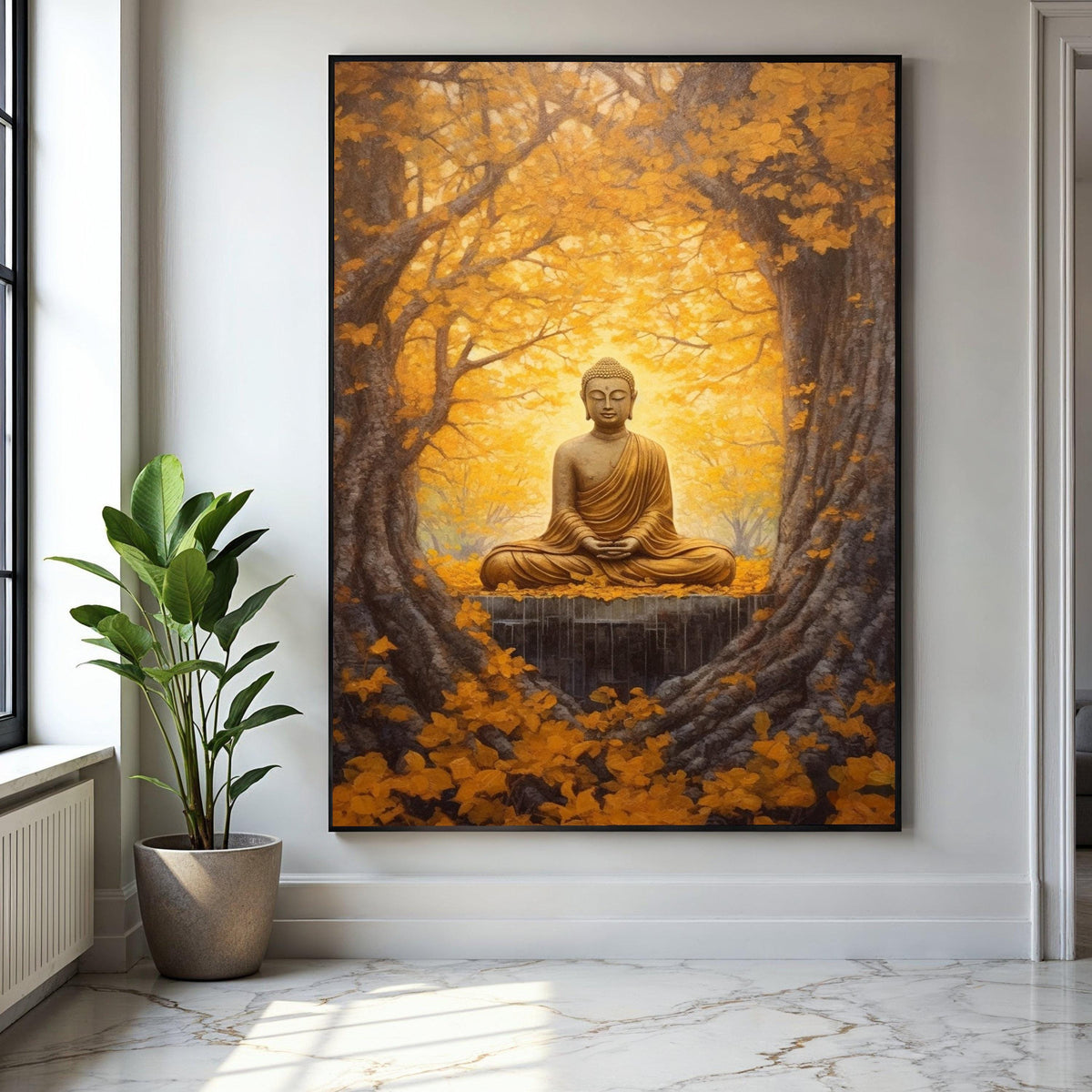 Golden Buddha Meditation Canvas, Autumn Forest Wall Art, Spiritual Zen Decor, Tranquil Nature Scene, Sacred Gift Art, Home Decor, Print