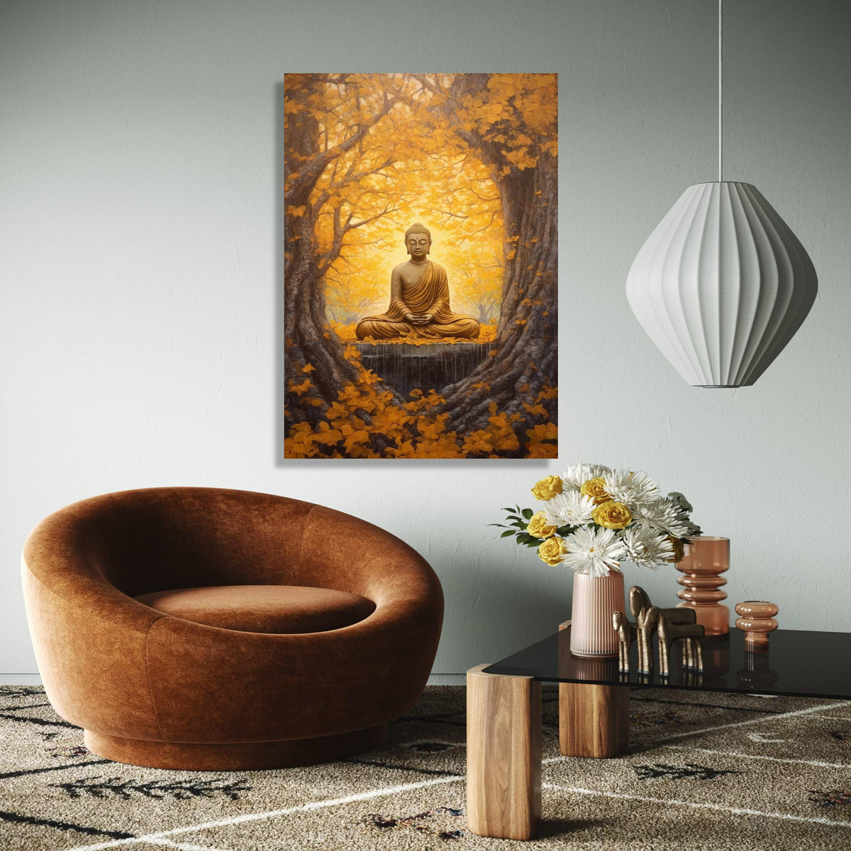 Golden Buddha Meditation Canvas, Autumn Forest Wall Art, Spiritual Zen Decor, Tranquil Nature Scene, Sacred Gift Art, Home Decor, Print
