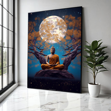 Meditating Buddha Canvas Wall Art, Full Moon Night, Spiritual Serenity Decor, Zen Tree Landscape, Tranquil Home Gift Art, Home Decor, Print