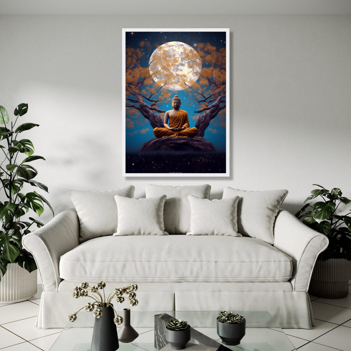 Meditating Buddha Canvas Wall Art, Full Moon Night, Spiritual Serenity Decor, Zen Tree Landscape, Tranquil Home Gift Art, Home Decor, Print