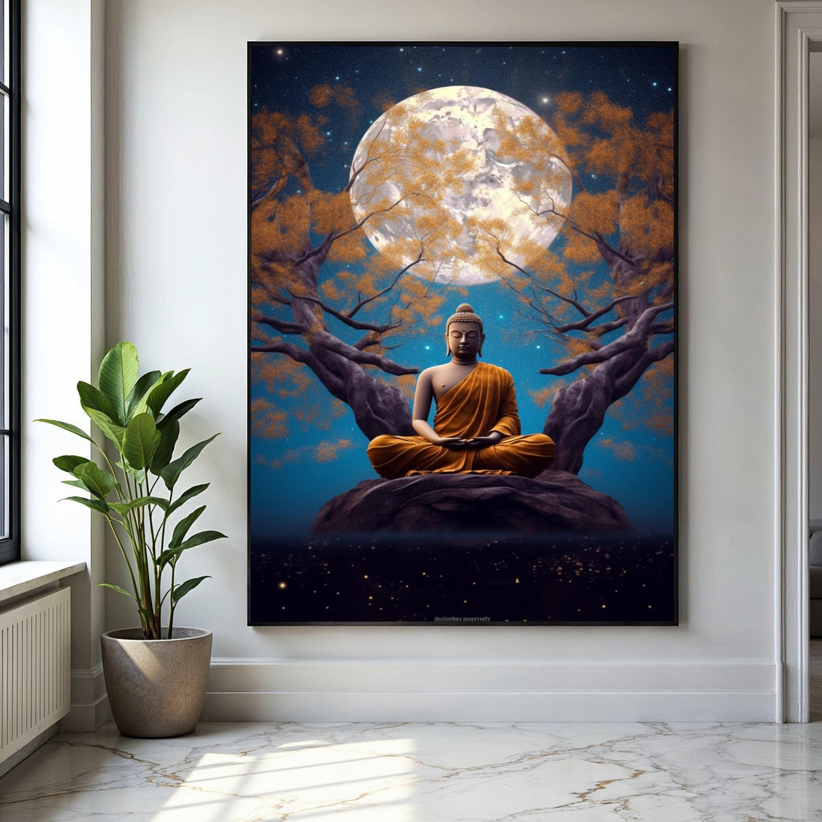 Meditating Buddha Canvas Wall Art, Full Moon Night, Spiritual Serenity Decor, Zen Tree Landscape, Tranquil Home Gift Art, Home Decor, Print