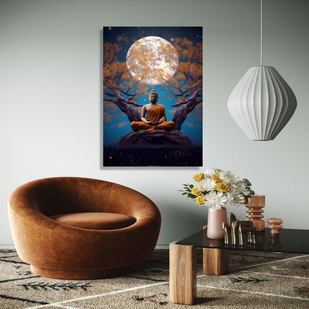 Meditating Buddha Canvas Wall Art, Full Moon Night, Spiritual Serenity Decor, Zen Tree Landscape, Tranquil Home Gift Art, Home Decor, Print