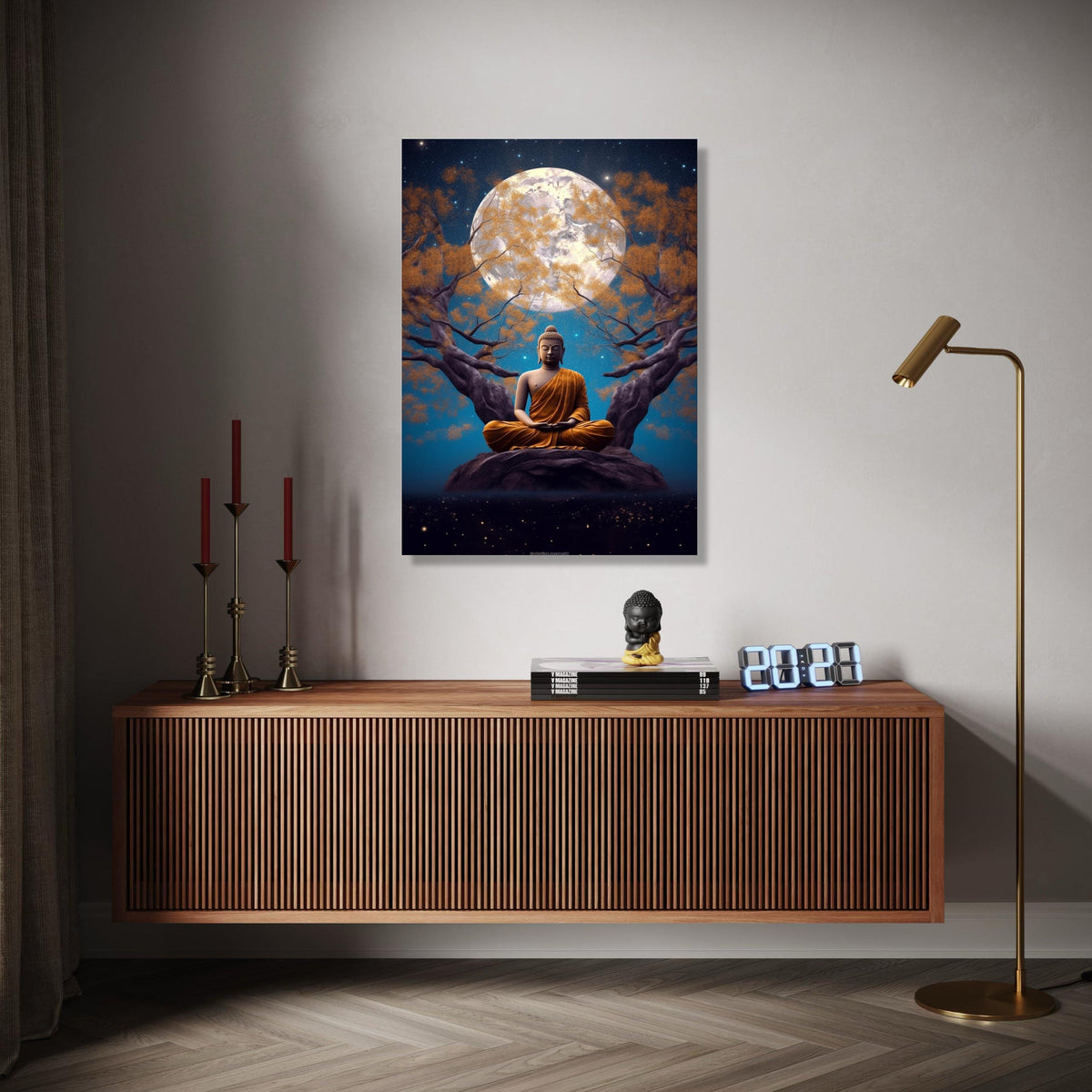 Meditating Buddha Canvas Wall Art, Full Moon Night, Spiritual Serenity Decor, Zen Tree Landscape, Tranquil Home Gift Art, Home Decor, Print