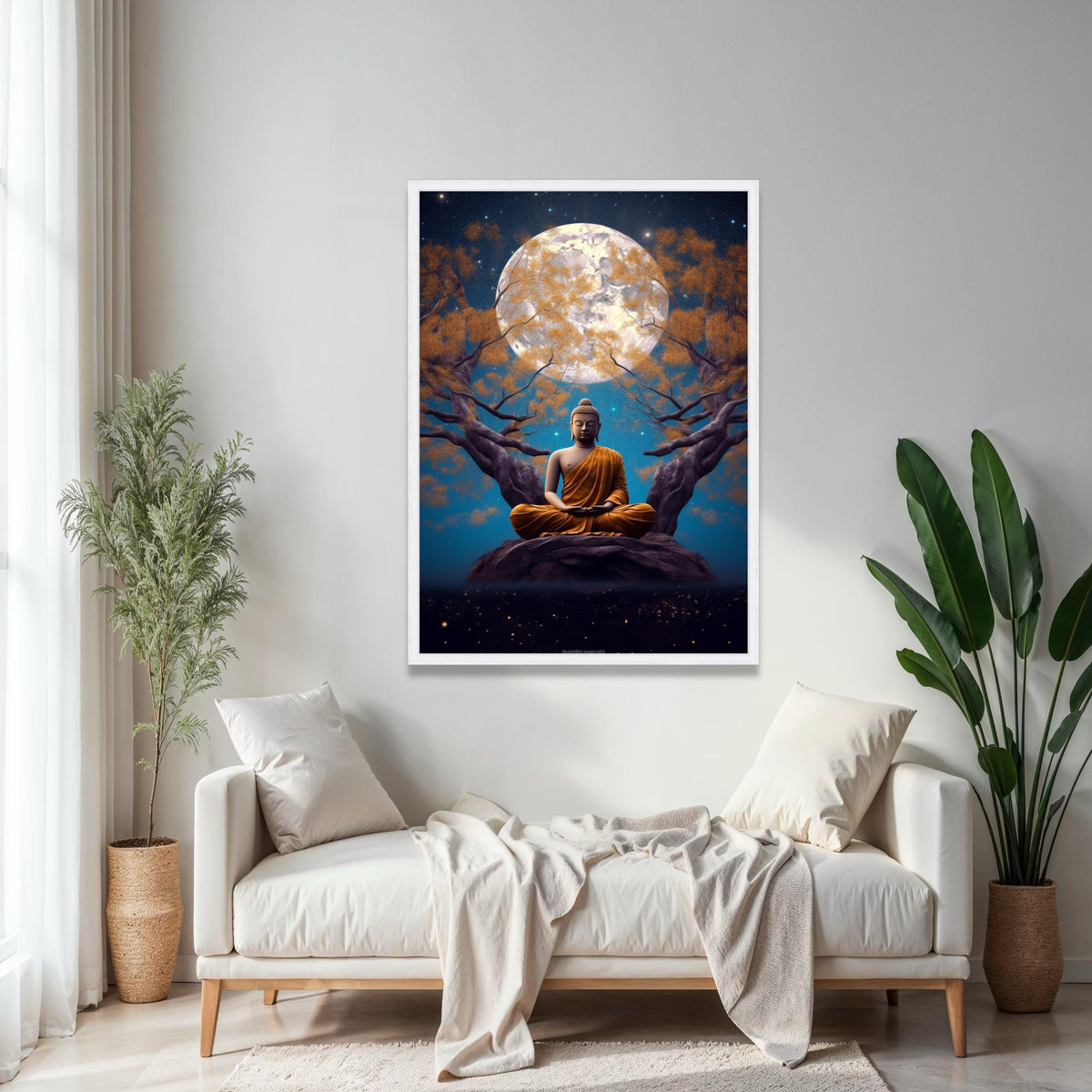 Meditating Buddha Canvas Wall Art, Full Moon Night, Spiritual Serenity Decor, Zen Tree Landscape, Tranquil Home Gift Art, Home Decor, Print